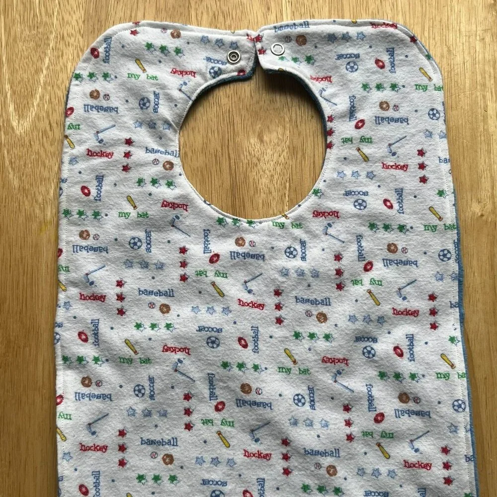 Bib for Baby Toddler - Sports print with blue - Upcycled